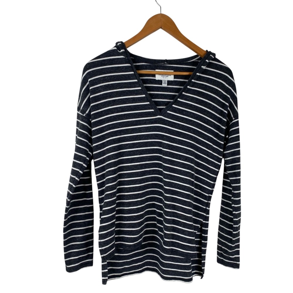American Eagle Striped Hood Long Sleeves 90s Y2K Streetwear Top Gray White Sz XS